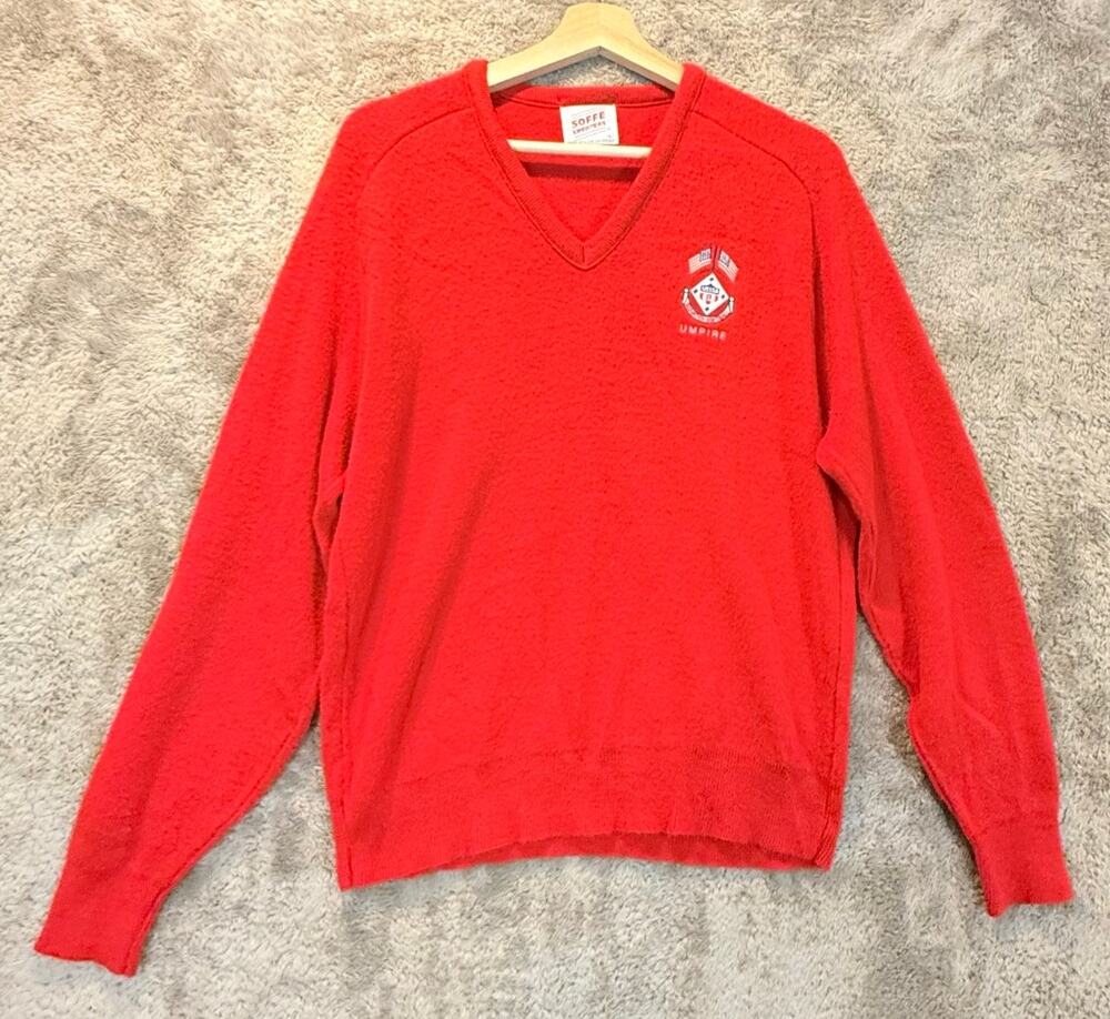 Vintage Soffe Sweaters Red V Neck Pullover L USSSA SloPitch Softball Umpire